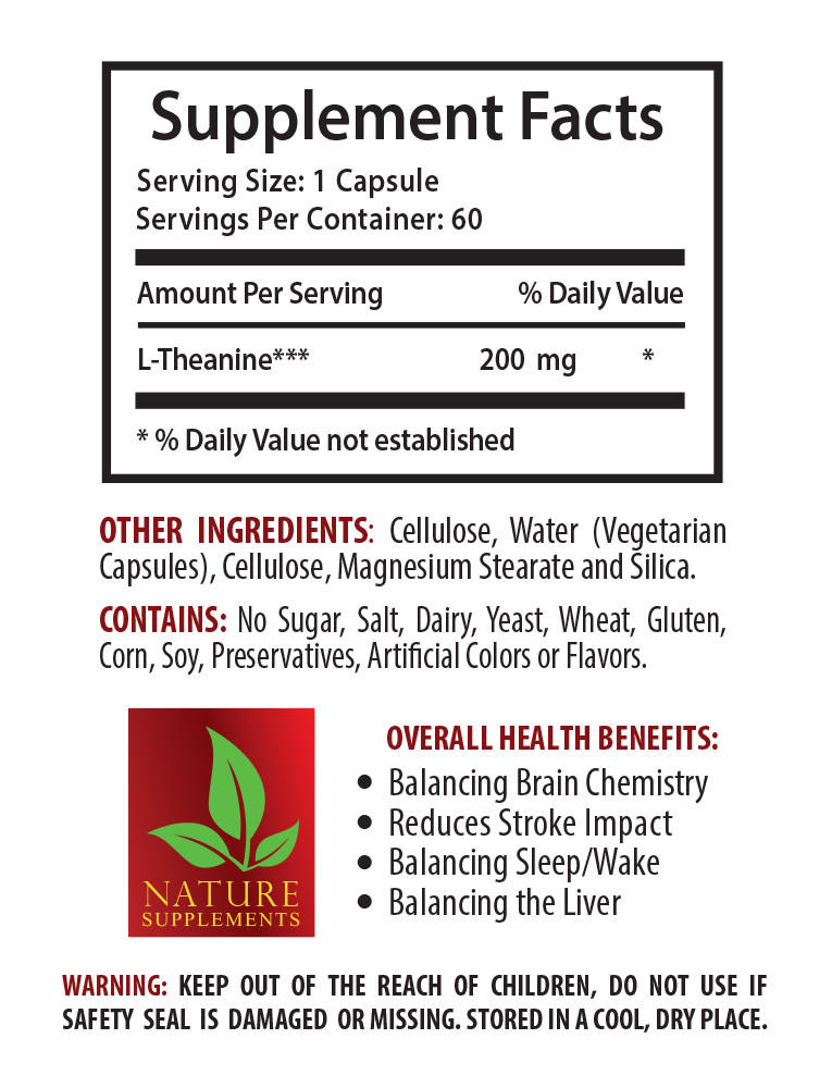 Relaxes Smooth Muscles – L-THEANINE 200mg – Amino Acids Pills – 1 Bottle