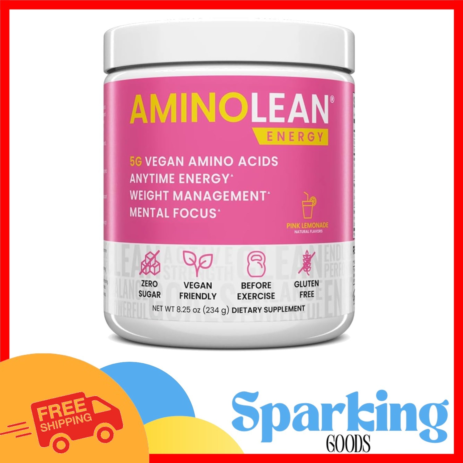 AminoLean Pre Workout Powder – BCAA, 30 Servings, Pink Lemonade Flavor
