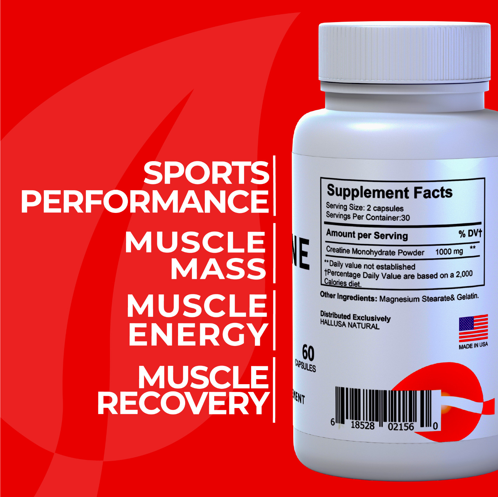 CREATINE, ENERGY & L-ARGININE – 60 Capsules – Supplement Muscle Growth – Gym