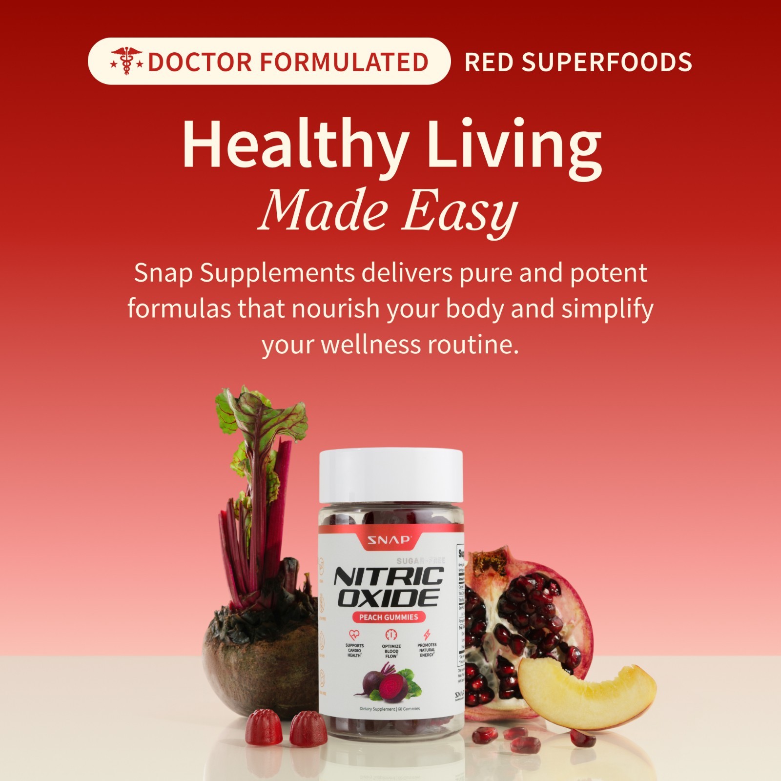 Snap Supplements Nitric Oxide Beet Root Gummies SF, Cherry & Peach, Heart Health