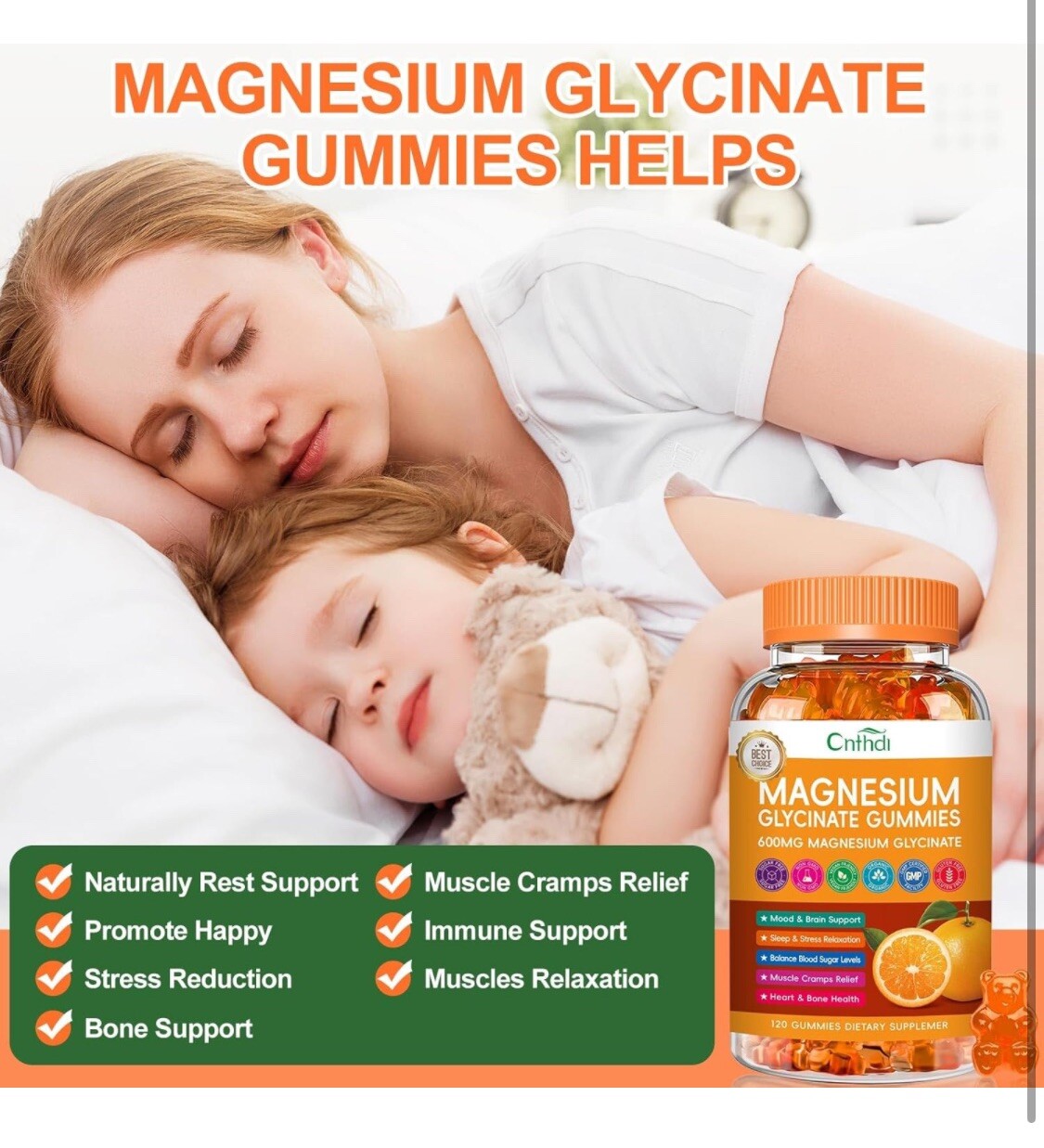 Magnesium Glycinate Gummies Orange 120 Gummies High Absorption, Diet Sup 600mg