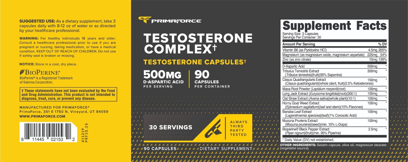 Primaforce T. Complex 90 Capsules, 500mg D-Aspartic Acid Per Serving