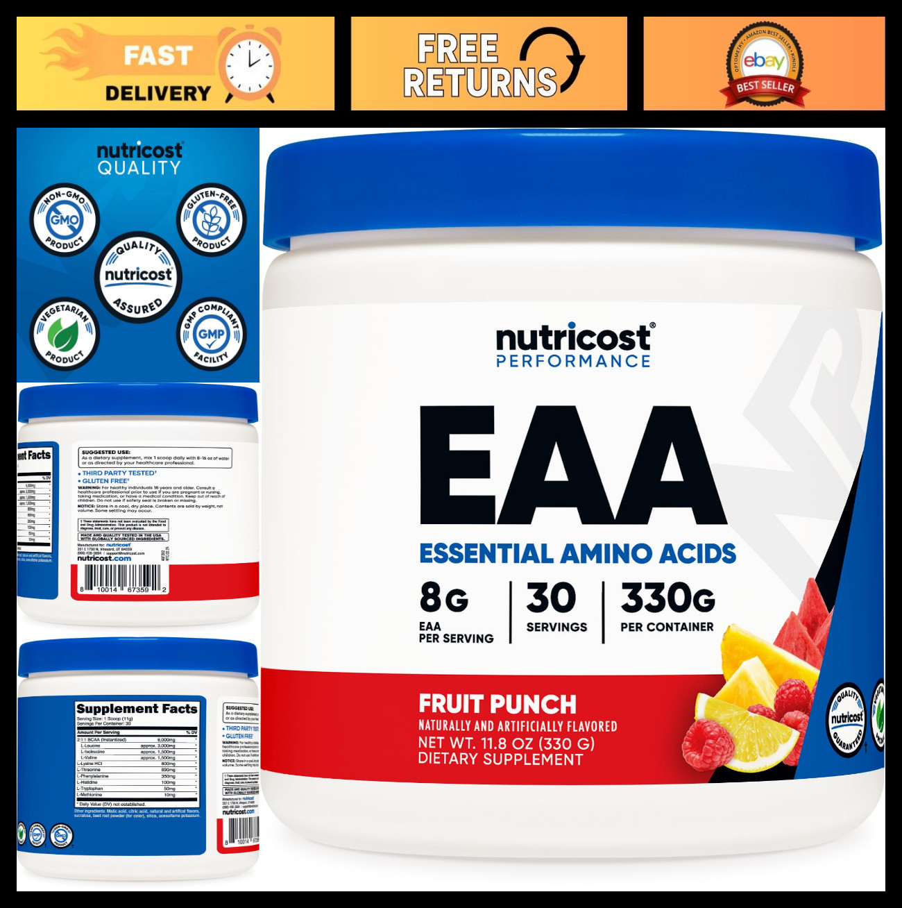 Essential Amino Acids EAA Powder – 30 Servings Fruit Punch, Non-GMO, Gluten Free