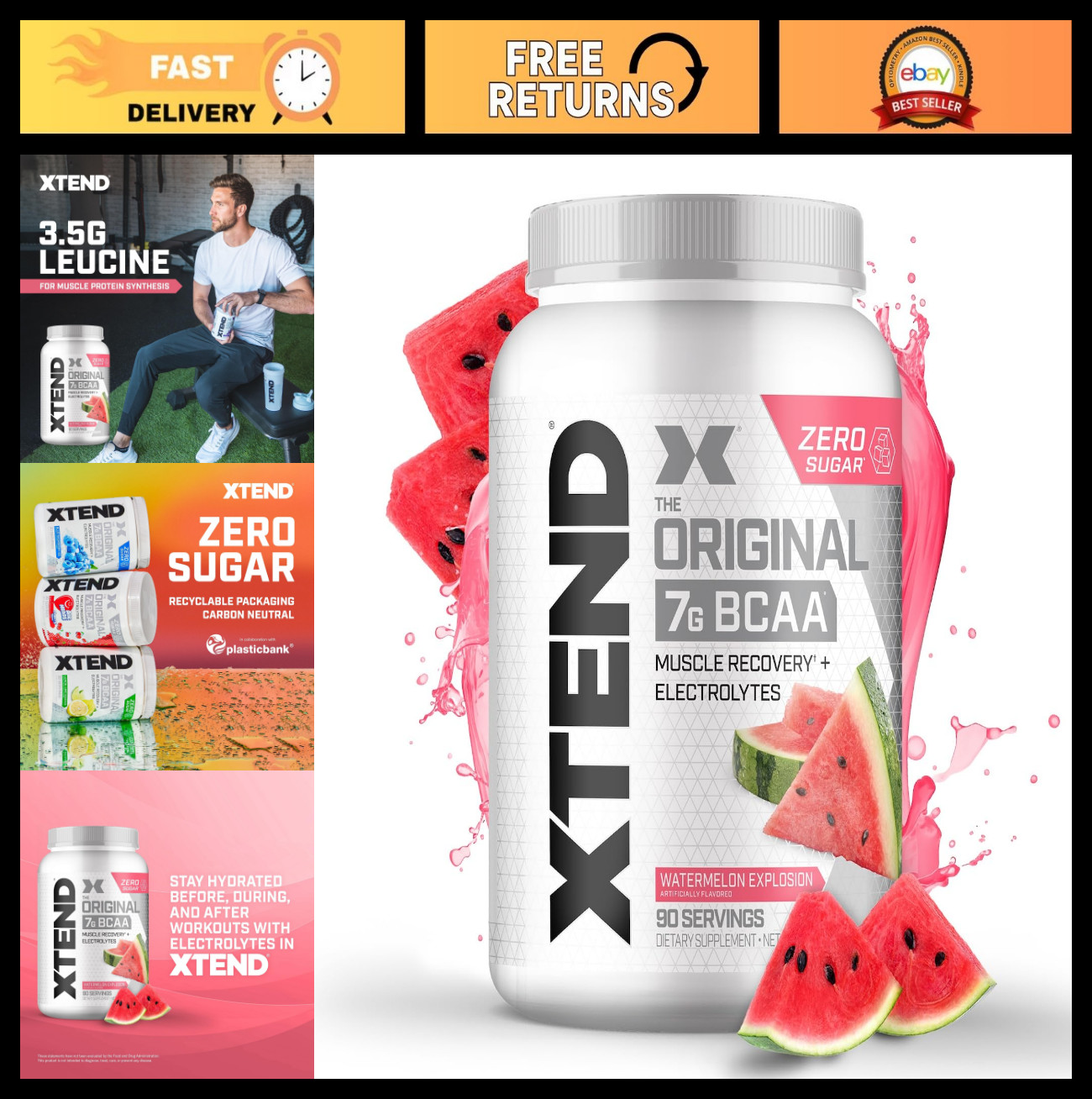 BCAA Powder for Muscle Recovery & Hydration, 7g BCAAs, Sugar Free, Watermelon, 9