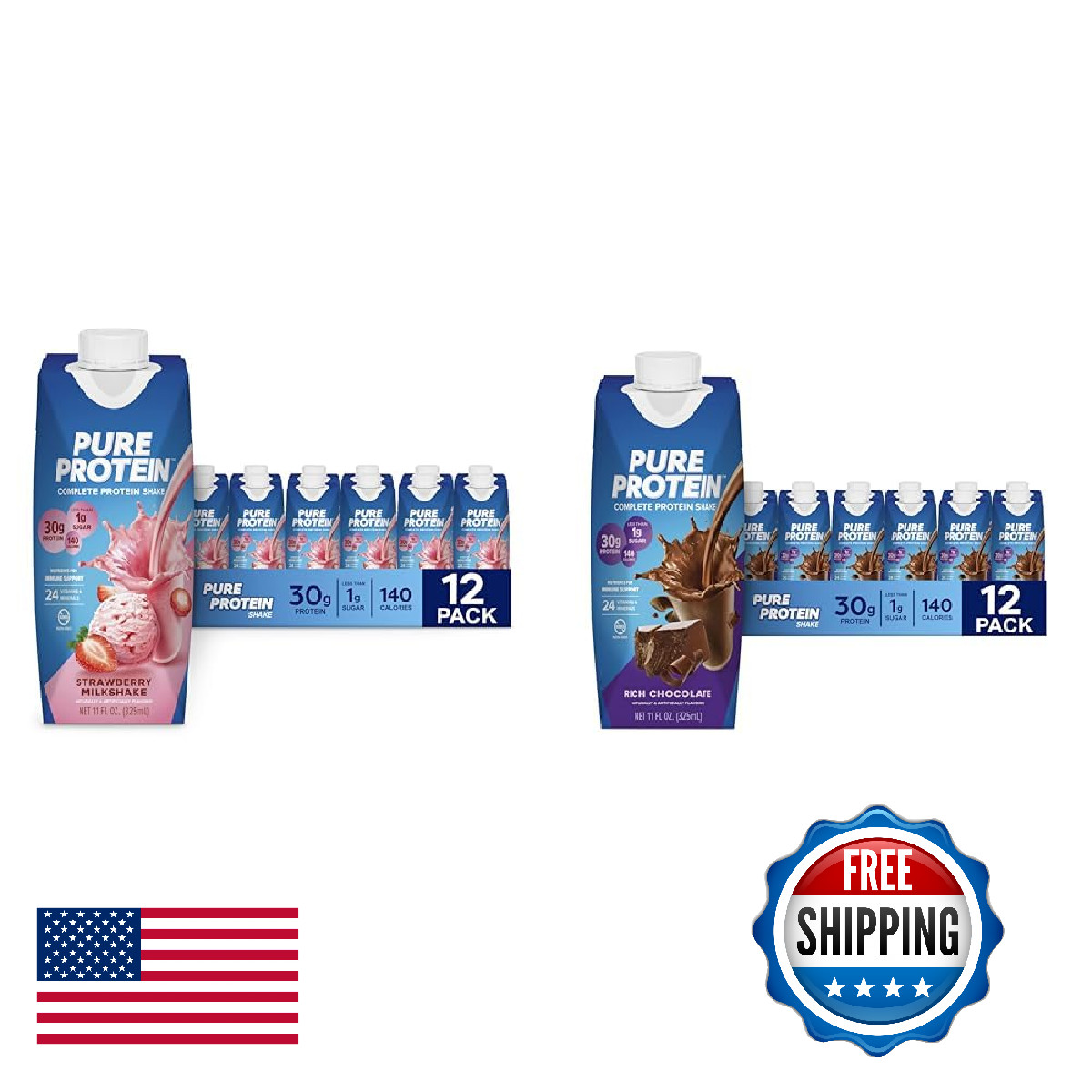 Pure Protein Shake Bundle – 24x11oz 30g Protein, Strawberry & Chocolate