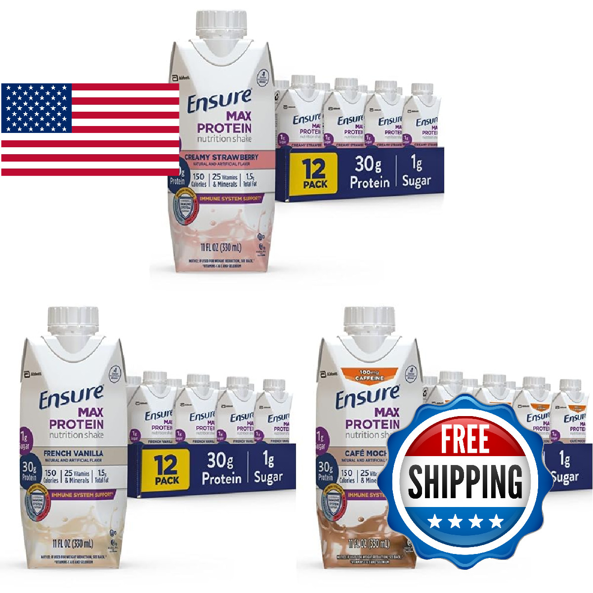 Ensure Max Protein Nutrition Shake 11oz – 12 Pack, 30g Protein, 1g Sugar