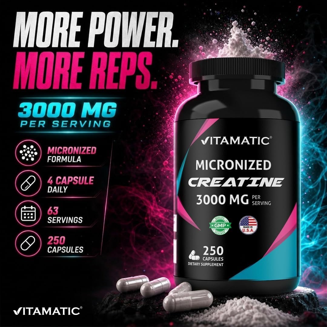 Vitamatic Creatine Monohydrate Capsules 3000mg (3g) per serving – Micronized