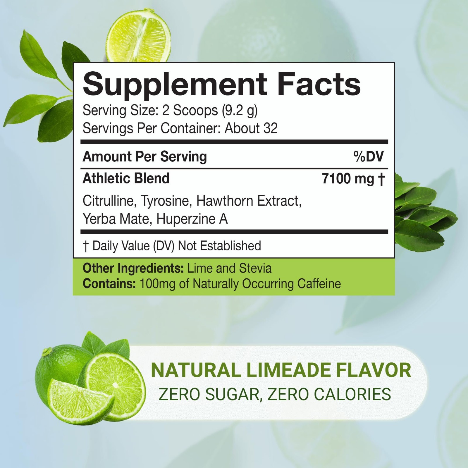 Natural Pre-Workout Supplement – Lime Flavor, Energy, Focus & Endurance, No Suga