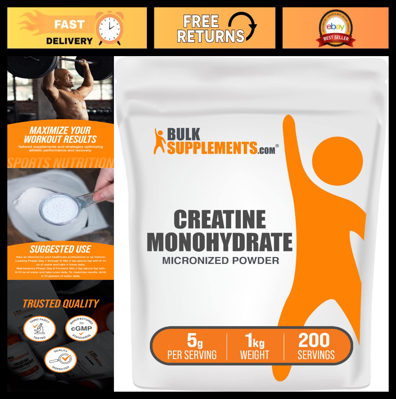 Micronized Creatine Monohydrate Powder – Unflavored, Pure, Gluten-Free, 1kg (2.2