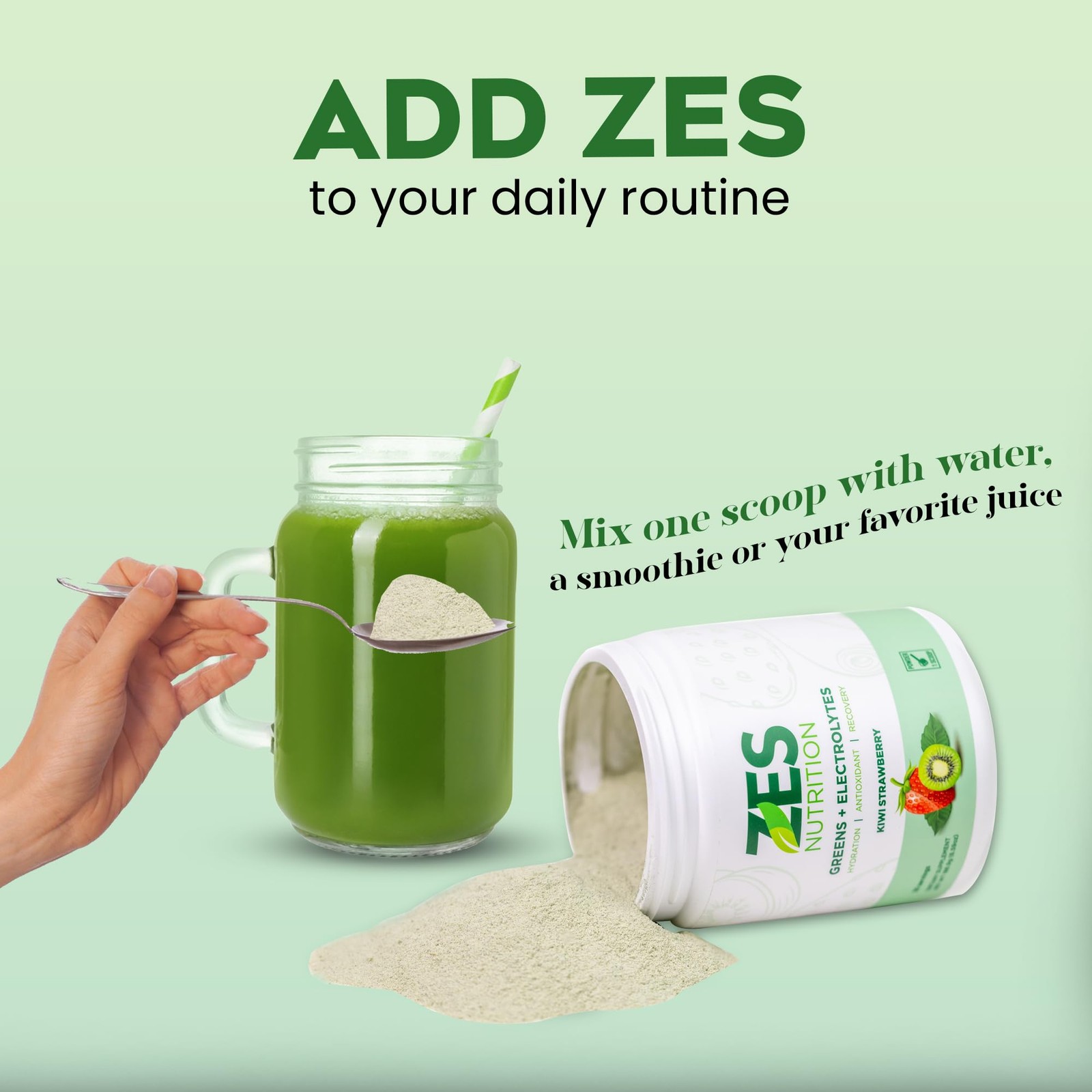 Zes Nutrition Greens Electrolytes Kiwi Strawberry Flavor Vegan Non-Gmo Green