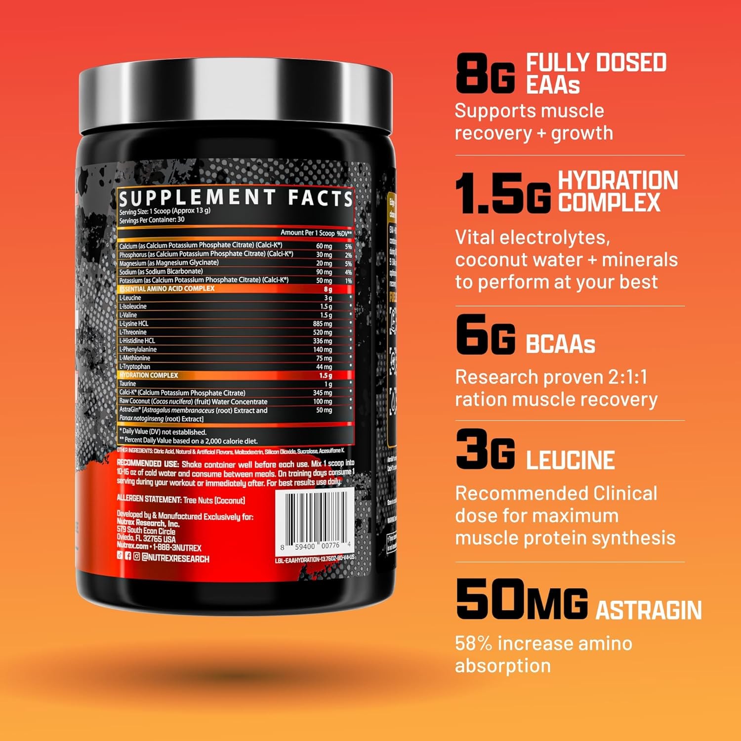 Nutrex EAA + Hydration BCAA Amino Acids Electrolytes Muscle Recovery Endurance