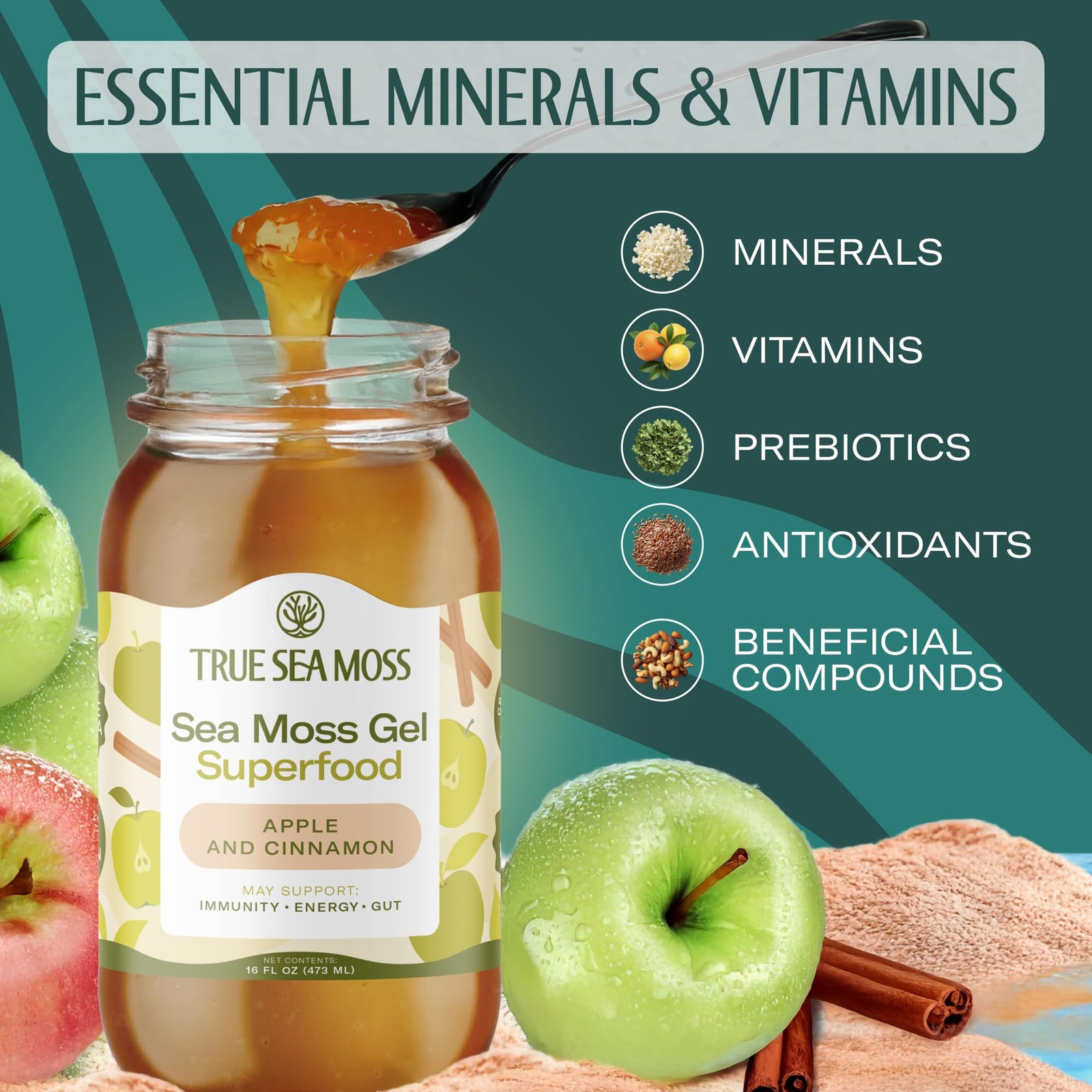 Sea Moss Gel – USA Made, Wildcrafted, Apple Cinnamon, Fresh Fruits & Vegetabl…