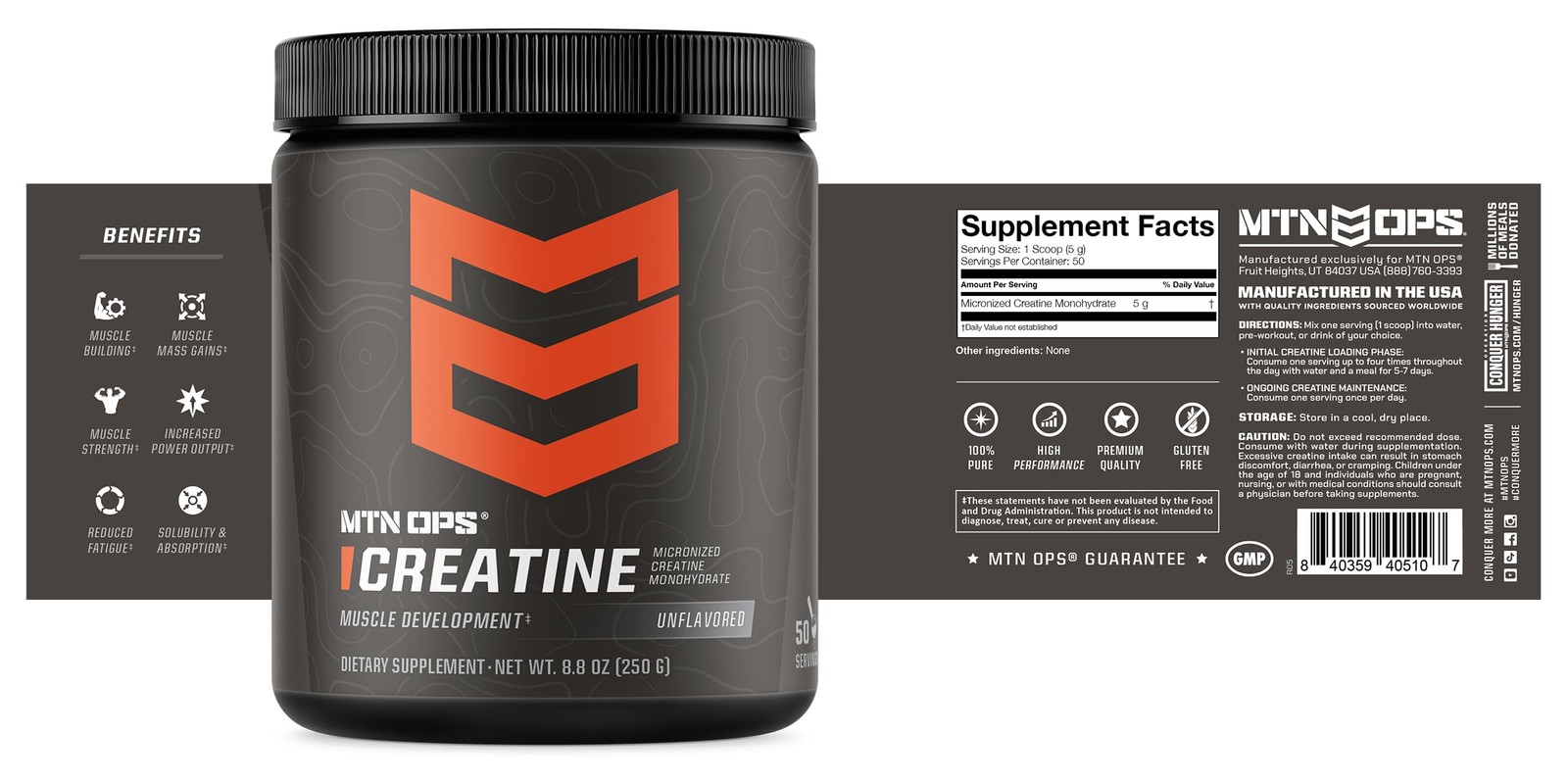 MTN OPS Micronized Creatine Monohydrate Powder – Unflavored 5 g per Serving, …