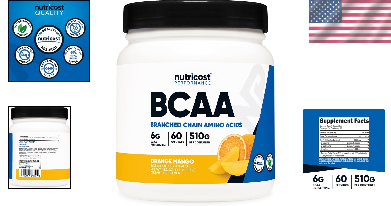 BCAA Powder – Orange Mango Flavor, 60 Servings – Gluten Free & Non-GMO