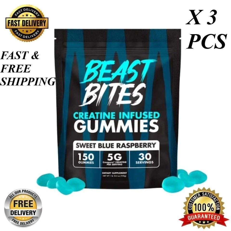 Beast Bites Creatine Infused Gummy Sweet Blue Raspberry – 30 Servings 10.5 Ounce