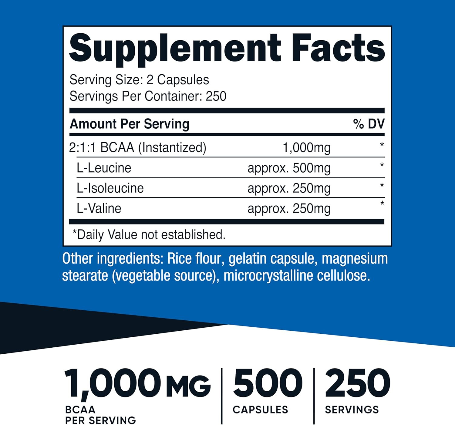 BCAA 1000Mg, 500 Capsules (250 Serv), 2:1:1 Branched Chain Amino Acids (500Mg of