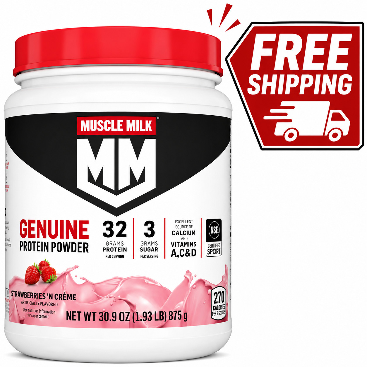 Muscle Milk Genuine Protein Powder Strawberries Crème 32G Protein 30.9oz 1.93 LB