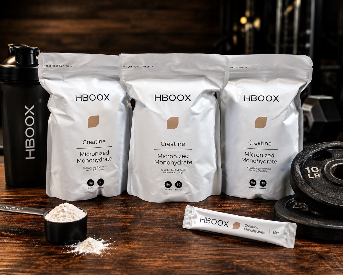 3 Pack HBOOX Creatine Monohydrate 30 Stick Packs 8g Exp 10/2027 90 Total Sticks.