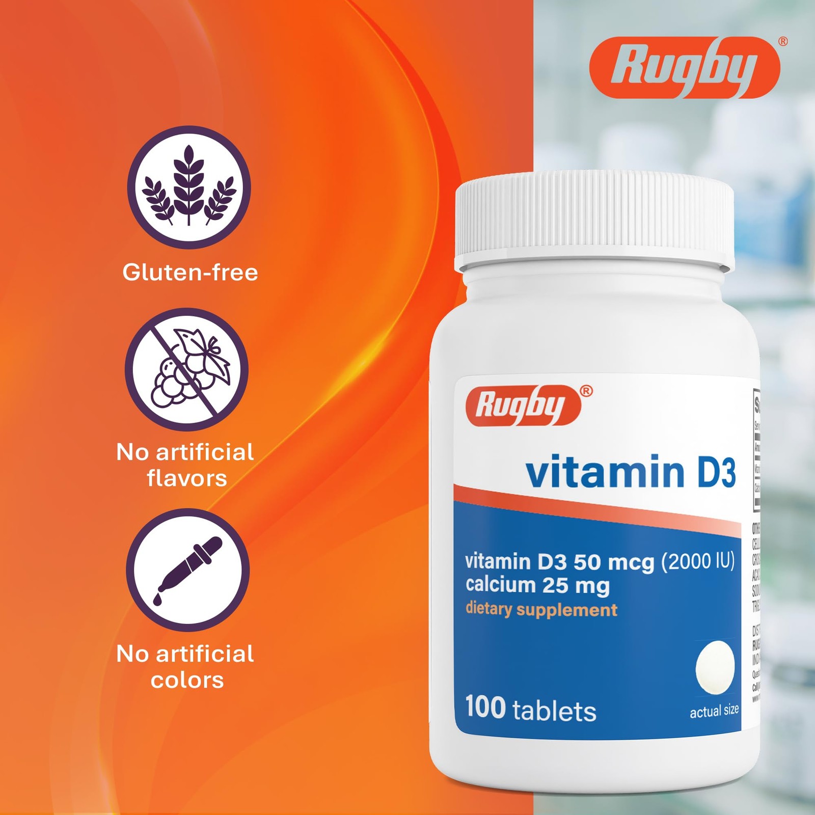 Rugby Vitamin D3 2000 IU (50 mcg) – 100 Count (Pack of 1), Natural Clear