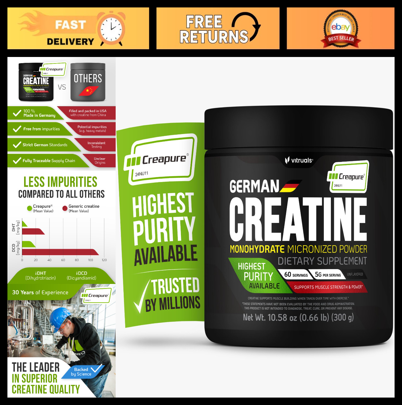 Ultra-Pure Creatine Monohydrate Powder 300g – Strength & Recovery, Vegan, Keto,