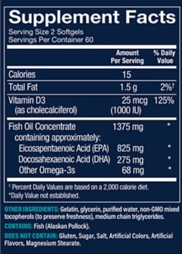 Premium Wild Alaskan Fish Oil Minis w/ VitaminD – EPA/DHA 1,100 MG -120 Softgels