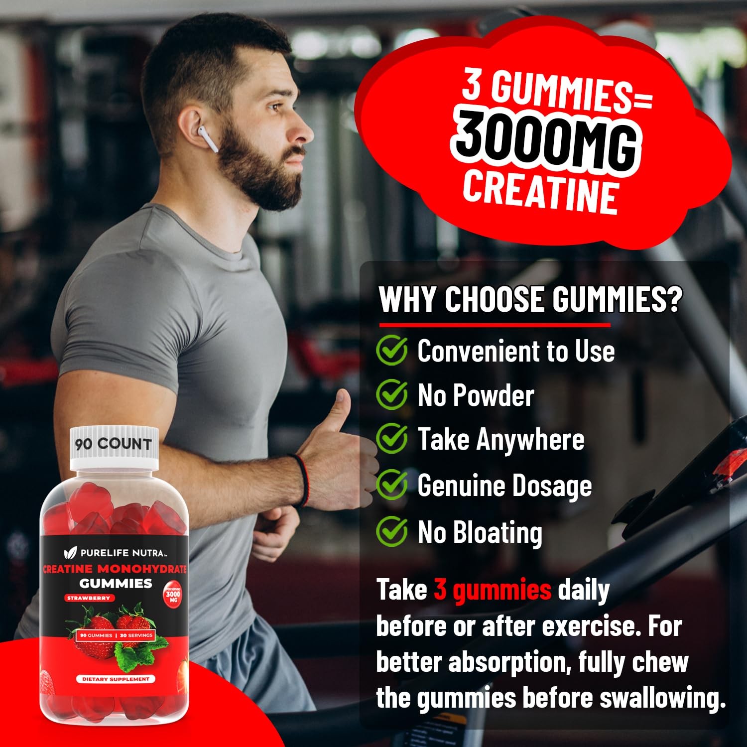 Creatine Monohydrate Gummies – 3g Serving, Sugar Free, 90 Count, Non-GMO, Des…
