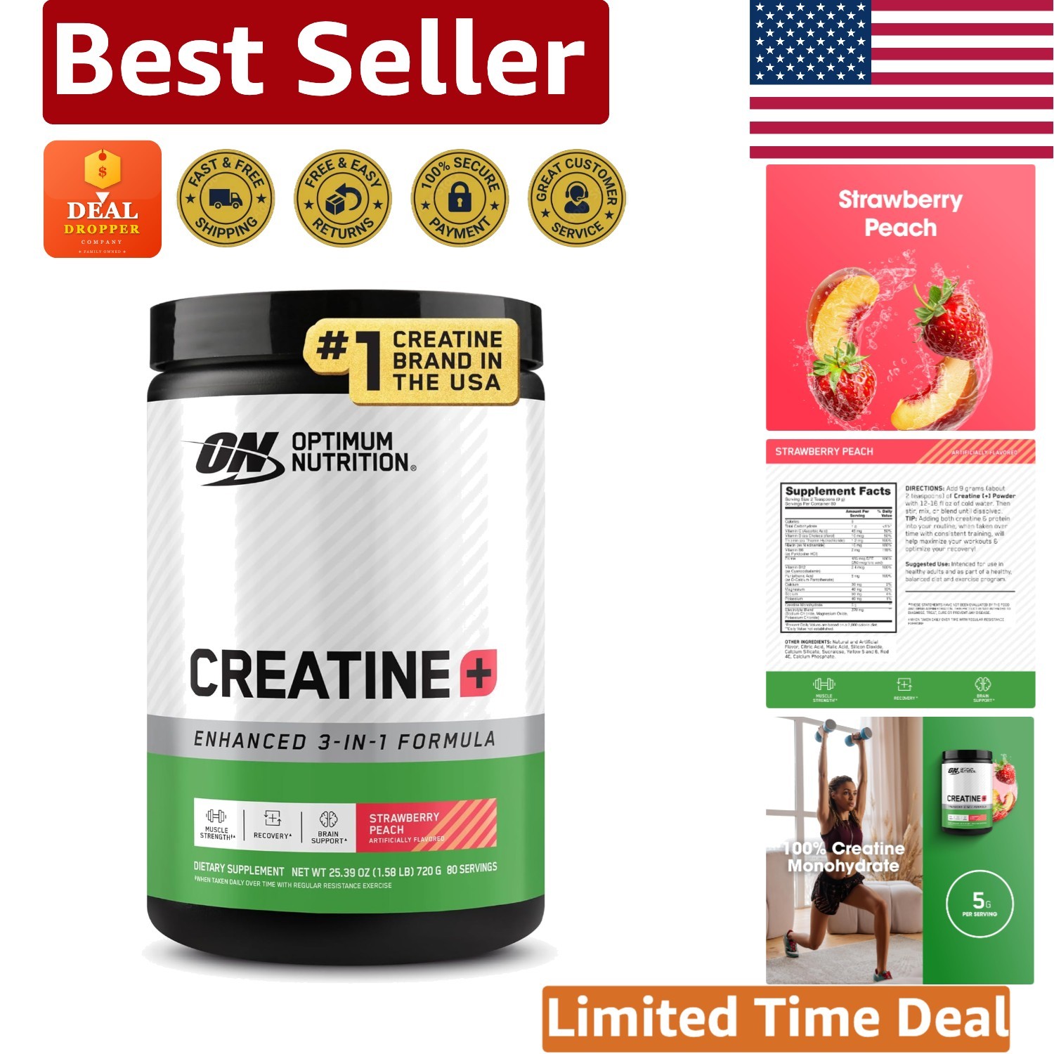 Strawberry Peach Creatine Monohydrate Powder – 80 Servings for Muscle Strength
