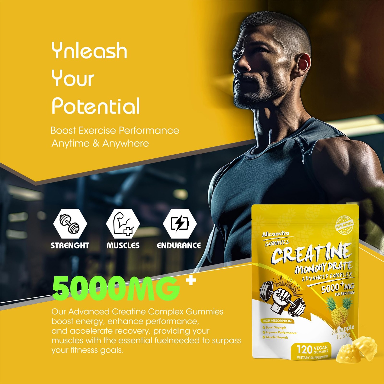 NSF Certified Creatine Gummy – Creatine Monohydrate Gummies 5000mg for Men an…
