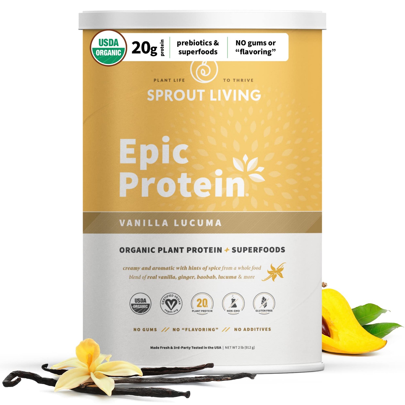 Sprout Living Epic Plant Based Vanilla Lucuma 20 Grams Organic Vegan Non Dairy