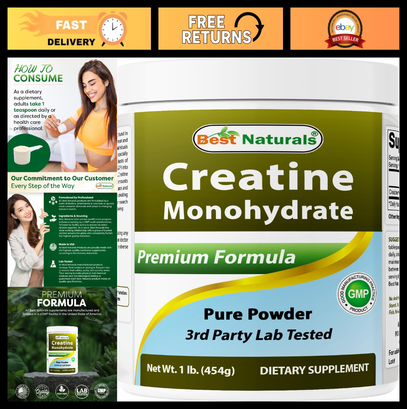 Pure Creatine Monohydrate Powder 1 lb – Muscle Gain, Energy Boost, Workout Suppl