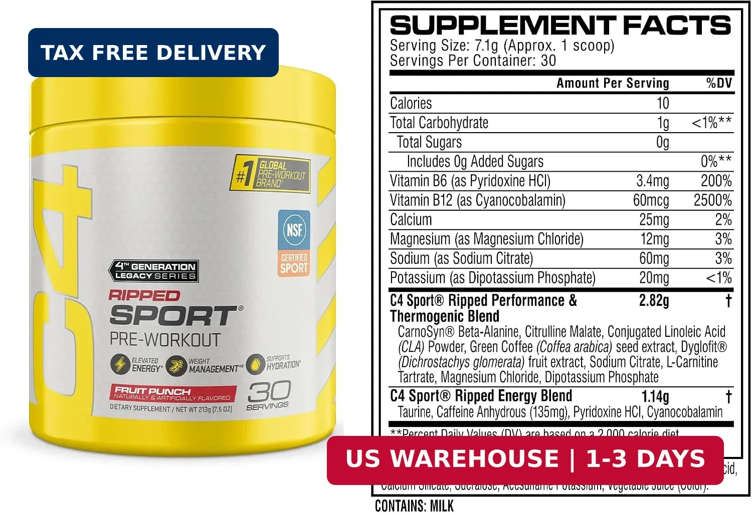 C4 Ripped Sport Pre Workout Powder Fruit Punch – NSF Certified for Sport + Zero