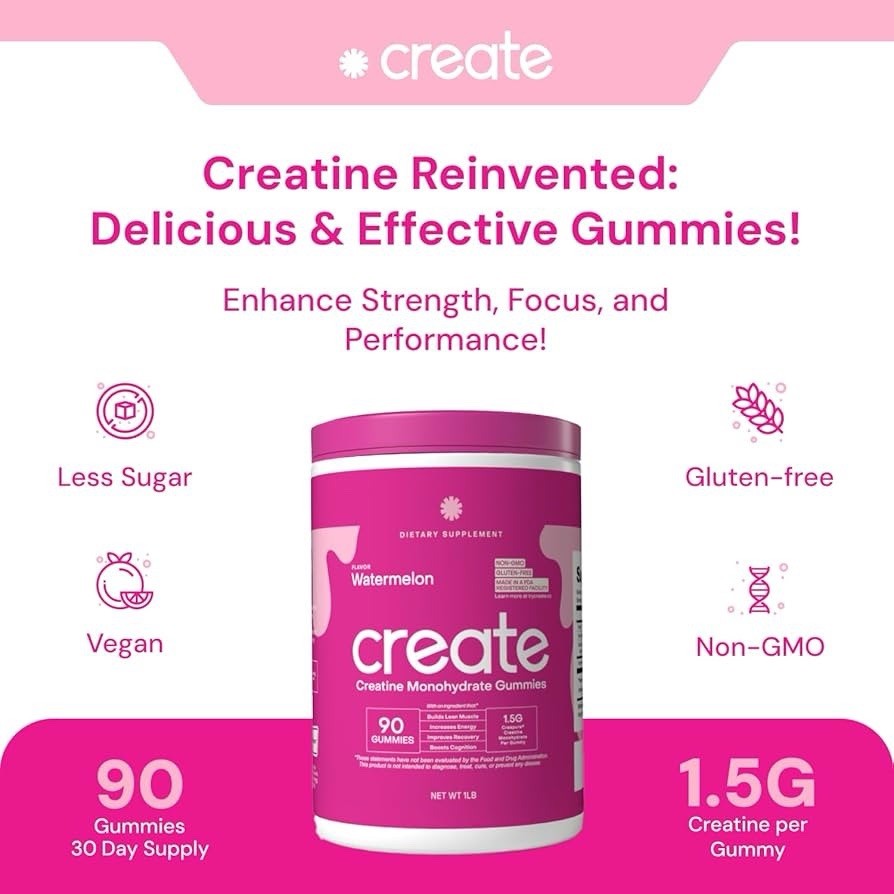 Vegan Creatine Gummies – 90 Count, Watermelon, 1.5g Creatine Each, Gluten-Free