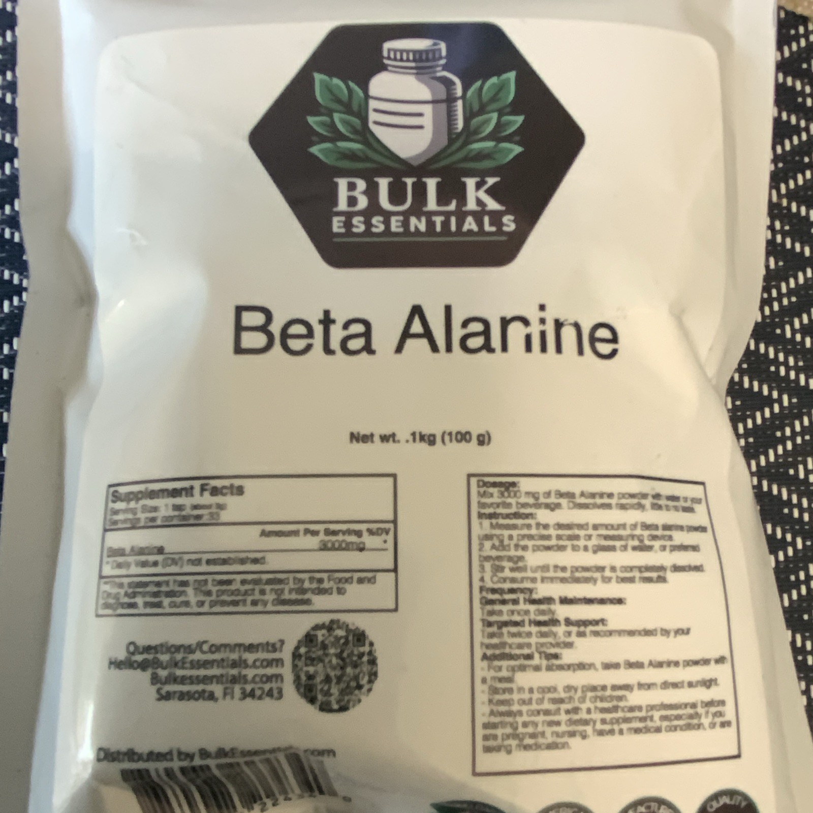 Bulk Essentials Beta-Alanine Unflavored Powder 100g, Lot BE0525261 Exp 05/28