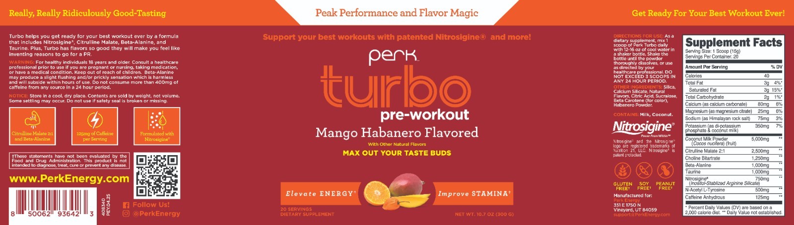 Perk Turbo Pre-Workout Powder (Mango Habanero Flavored) 20 Servings