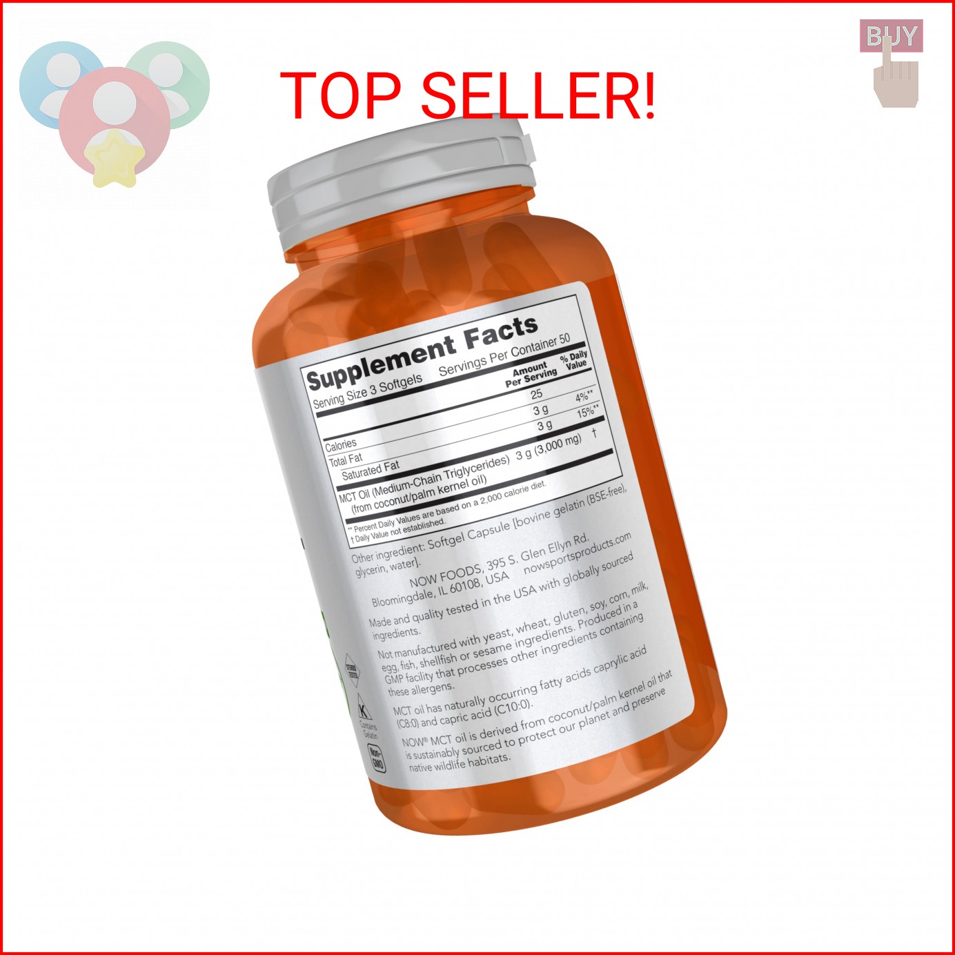 NOW Foods Sports Nutrition, MCT (Medium-chain triglycerides) Oil 1,000 mg, Weigh
