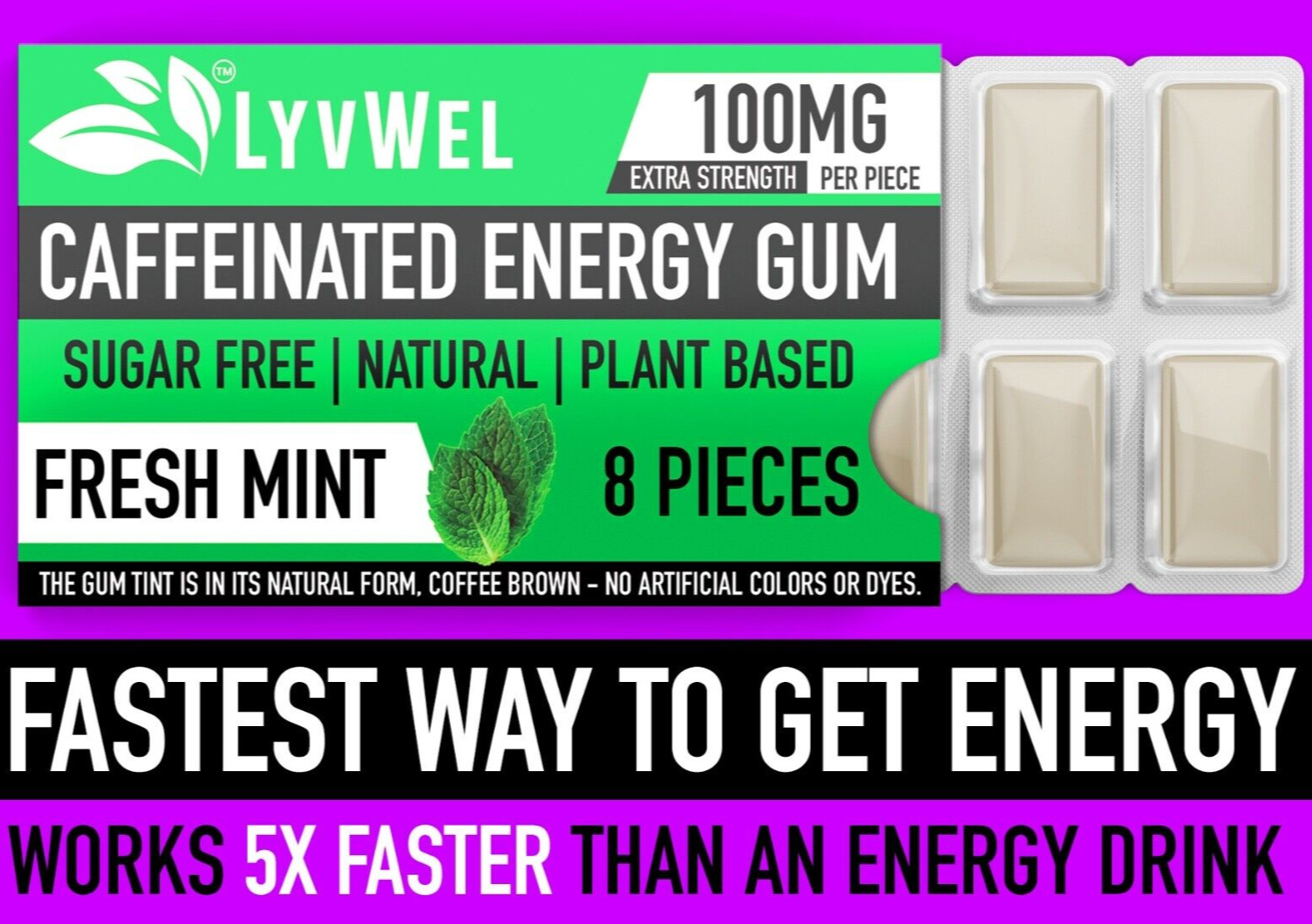 Natural Fitness Energy Sport Gum 100mg Caffeine per piece Mint 3 Packs (24 pcs)