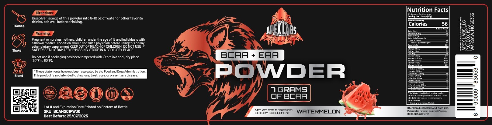 BCAA/EAA Amino Energy Powder Nitric Oxide Booster, Watermelon