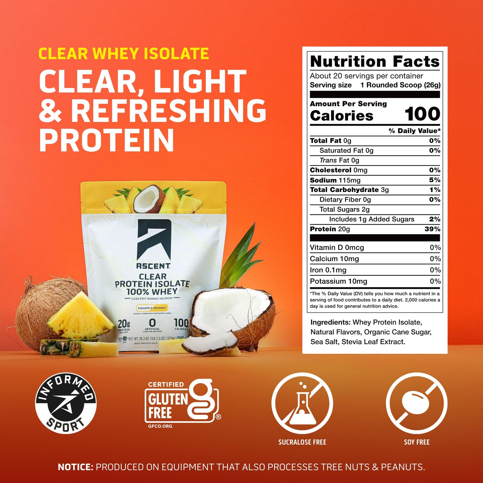 Ascent 100% Clear Whey Protein Powder – Post Workout Whey Protein Isolate, Zero