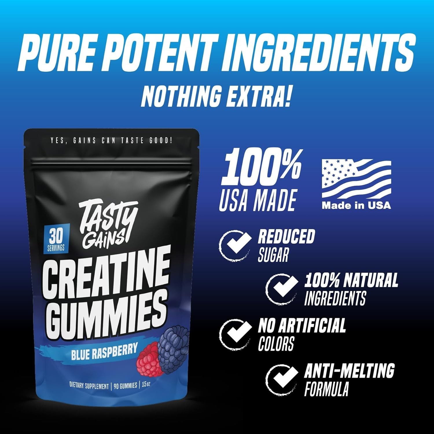 TASTY GAINS Creatine Gummies – 90g of Creatine Monohydrate – Blue Raspberry