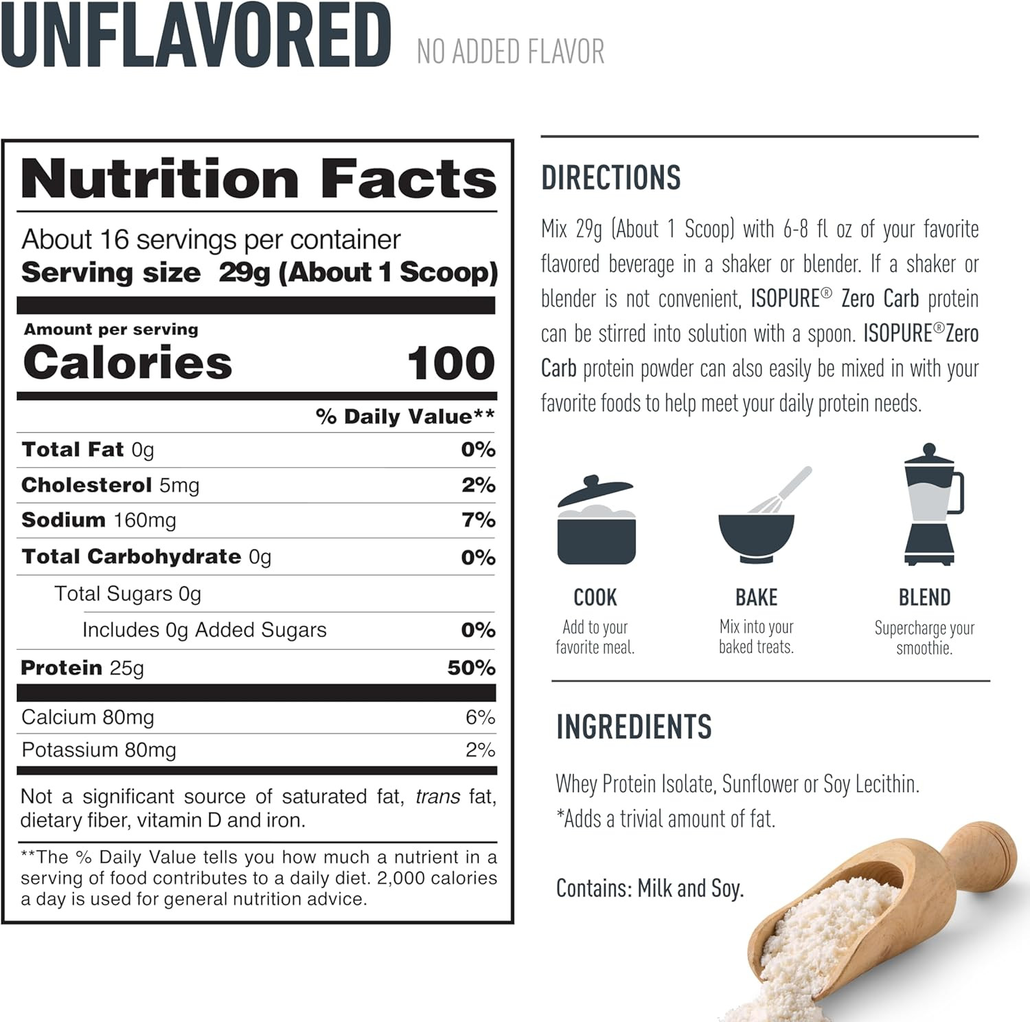 Zero Carb 100% Pure Whey Isolate Protein Powder, Gluten Free, with Vitamins, Unf