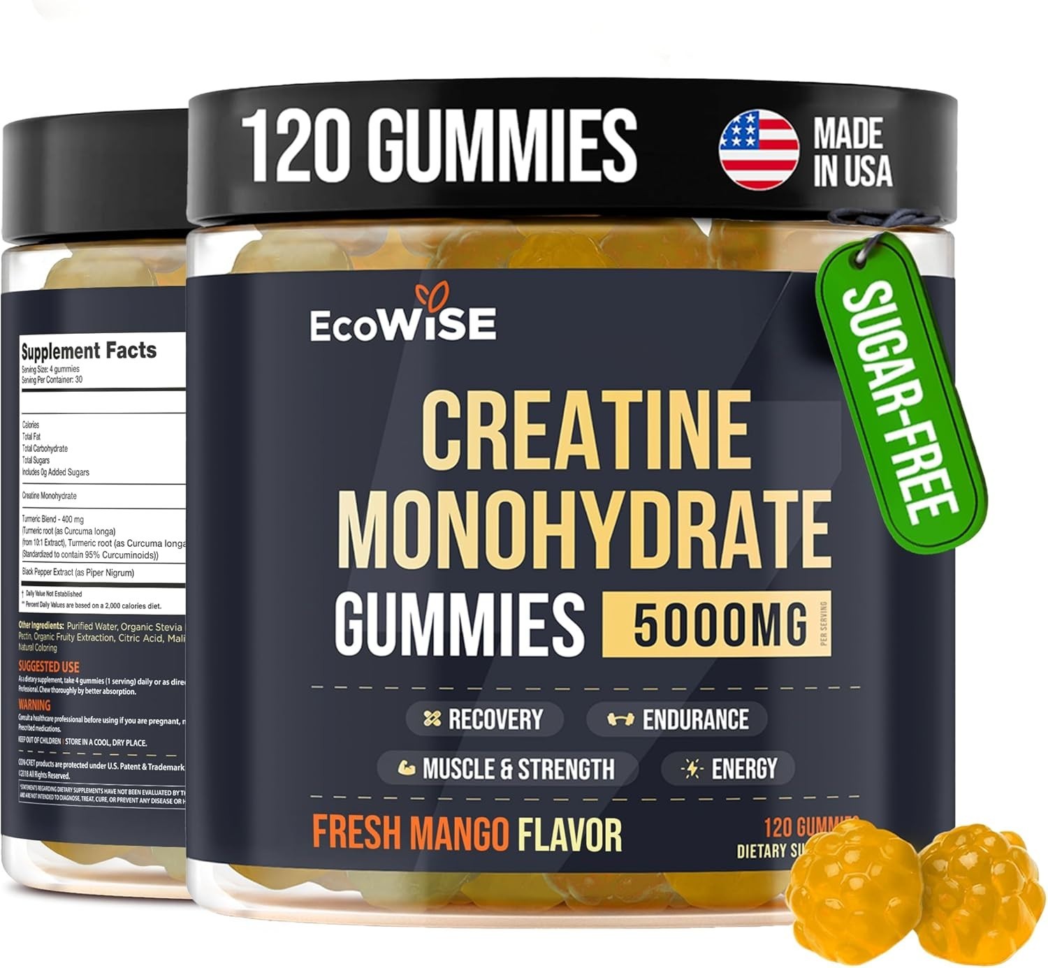 Creatine Monohydrate Gummies 5000mg – Sugar-Free, Vegan, Mango Flavor, 120 Chews