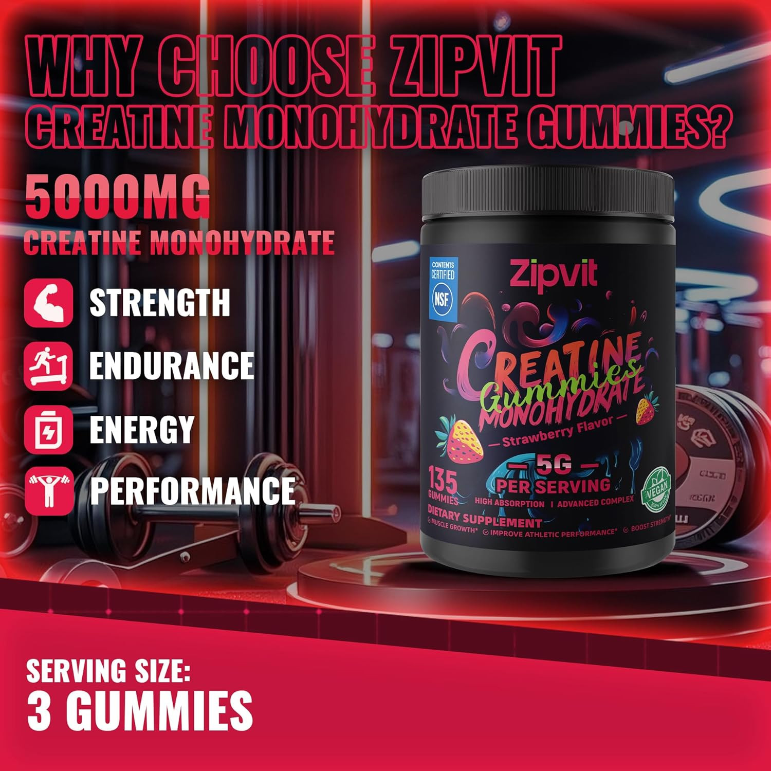 Creatine Monohydrate Gummies, NSF Certified Creatine Gummy, 5G Dose for Men & Wo