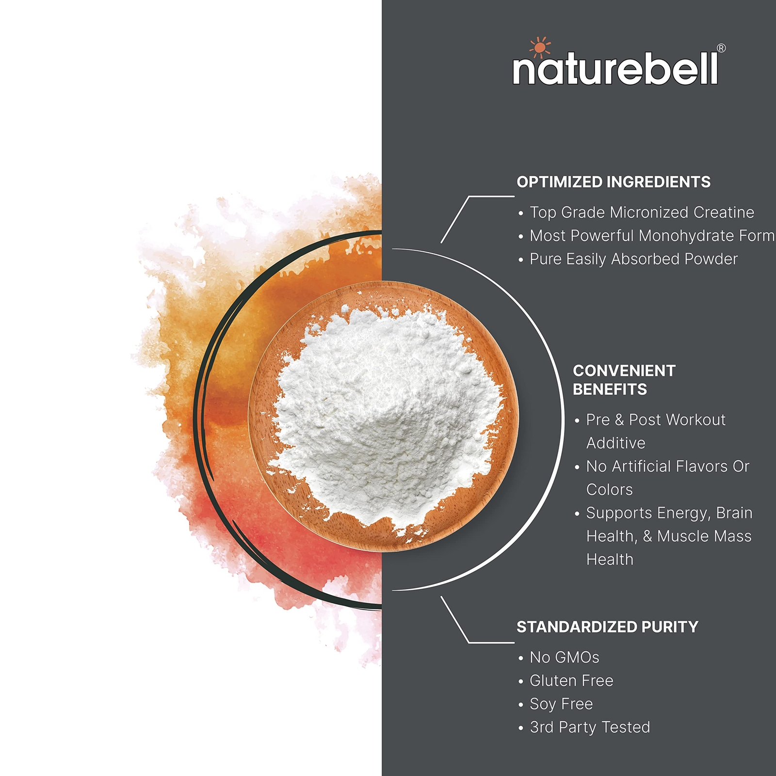 NatureBell Creatine Monohydrate Powder Unflavored 500 Grams 5000mg 100 Servi…