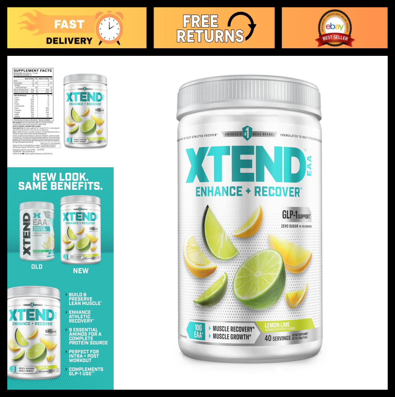 EAA BCAA Powder for Muscle Recovery & Lean Growth | 10g EAAs | Lemon Lime Flavor