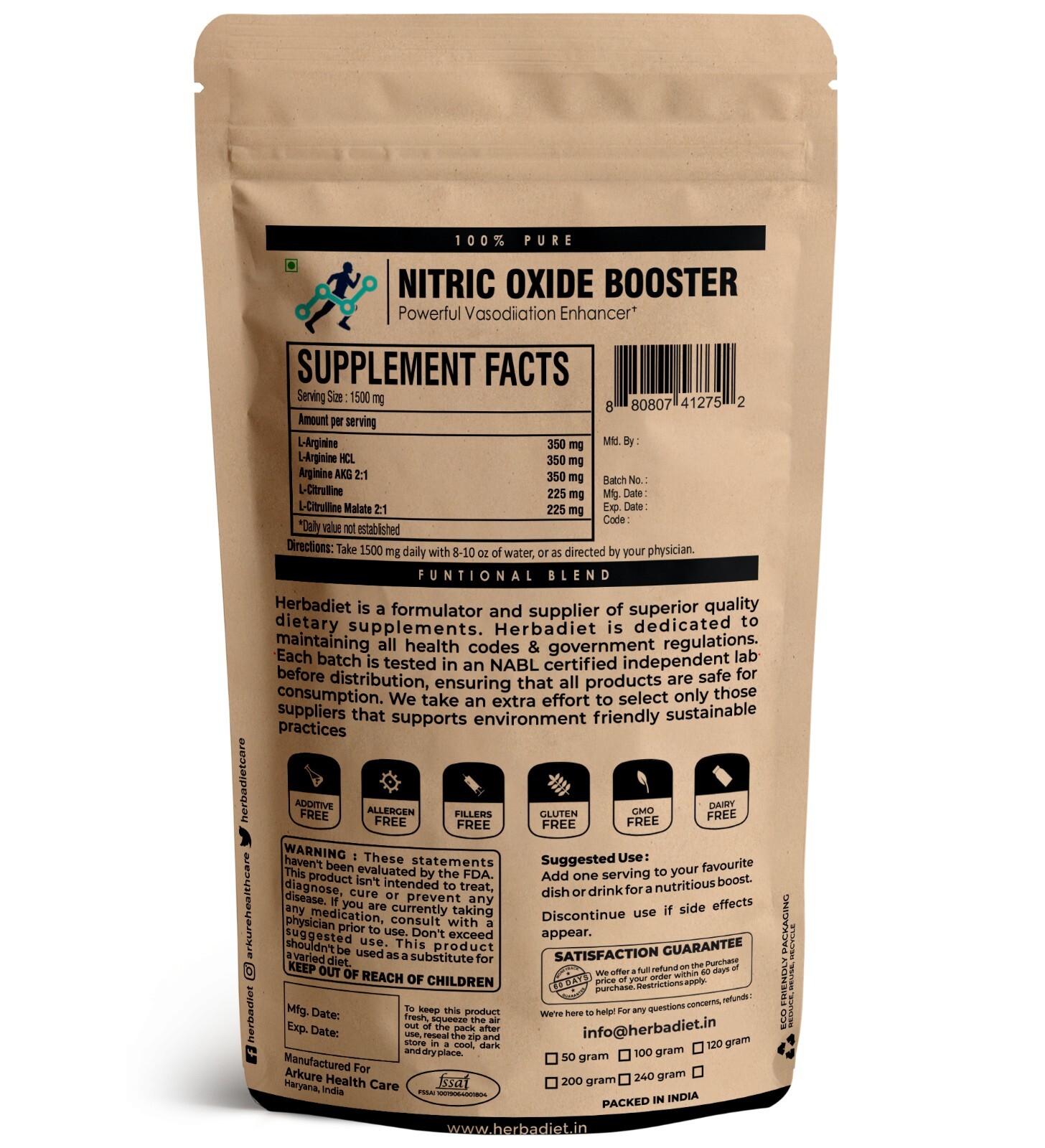 Nitric Oxide Booster Supplement 1500mg L-Arginine L-Citrulline for Blood Flow
