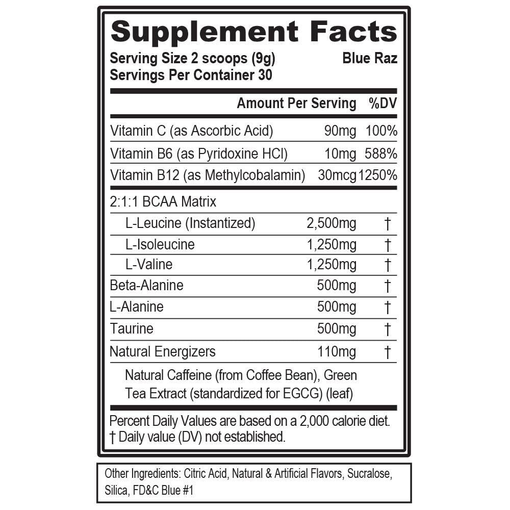 EVL BCAA Energy Blue Raz Powder 30 Servings Amino Acid Preworkout Drink