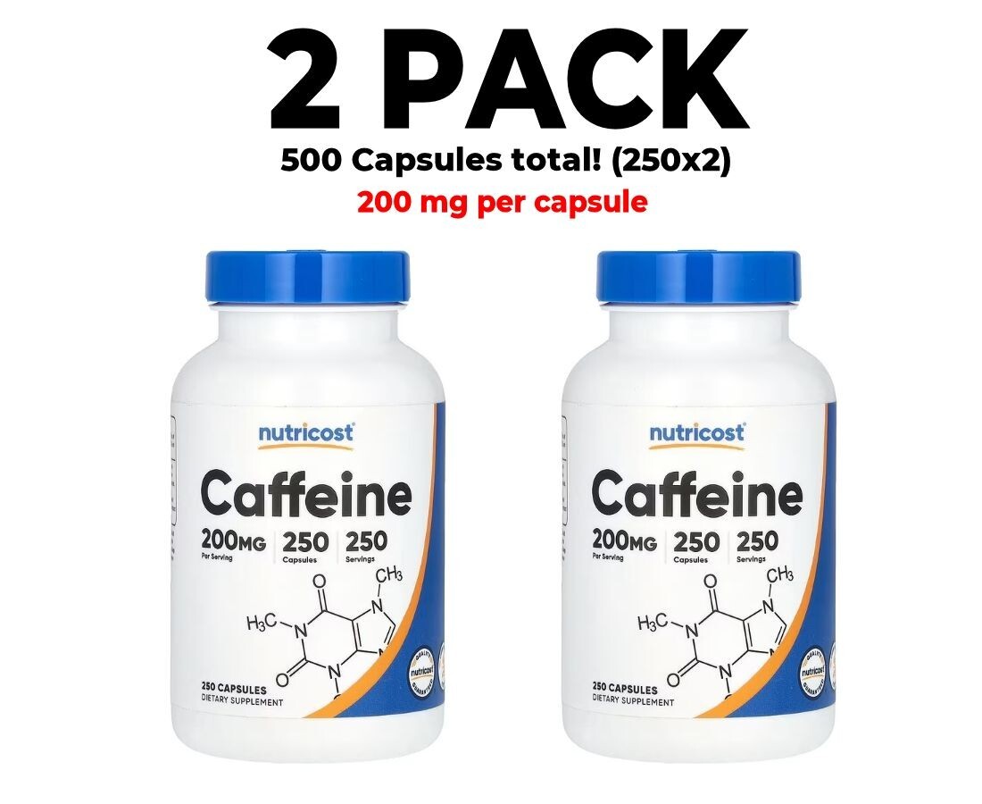 Nutricost, Caffeine , 2 PACK, 200 mg , 250 Capsules each (500 total!)