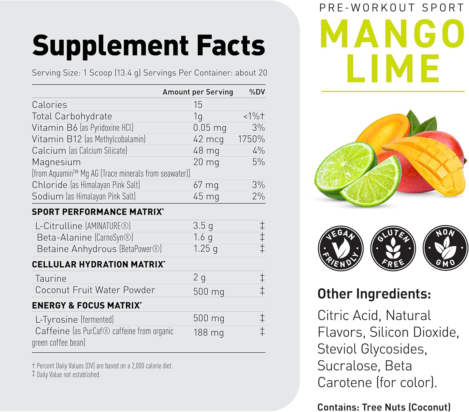 Sport Pre Workout Powder for Men & Women, Mango Lime, Sport Certified, 188Mg Ca