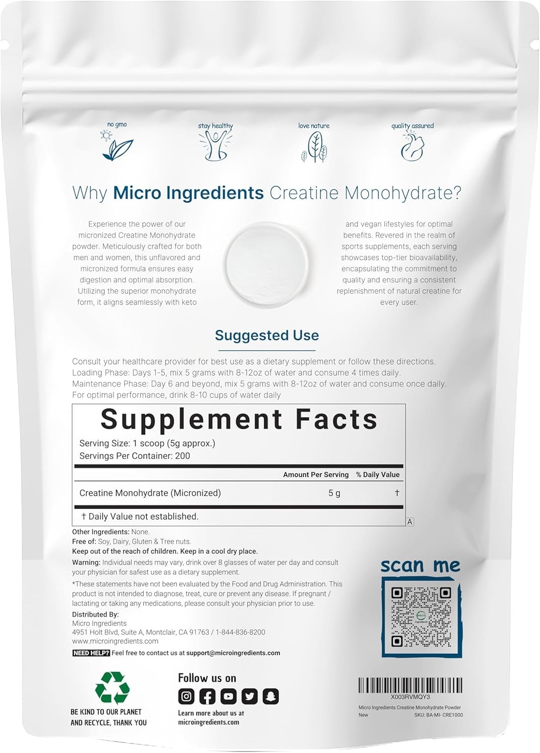 Creatine Monohydrate Powder 1 kg 2.2 Lbs, 5000mg Per Serv, Micronized Creatin…