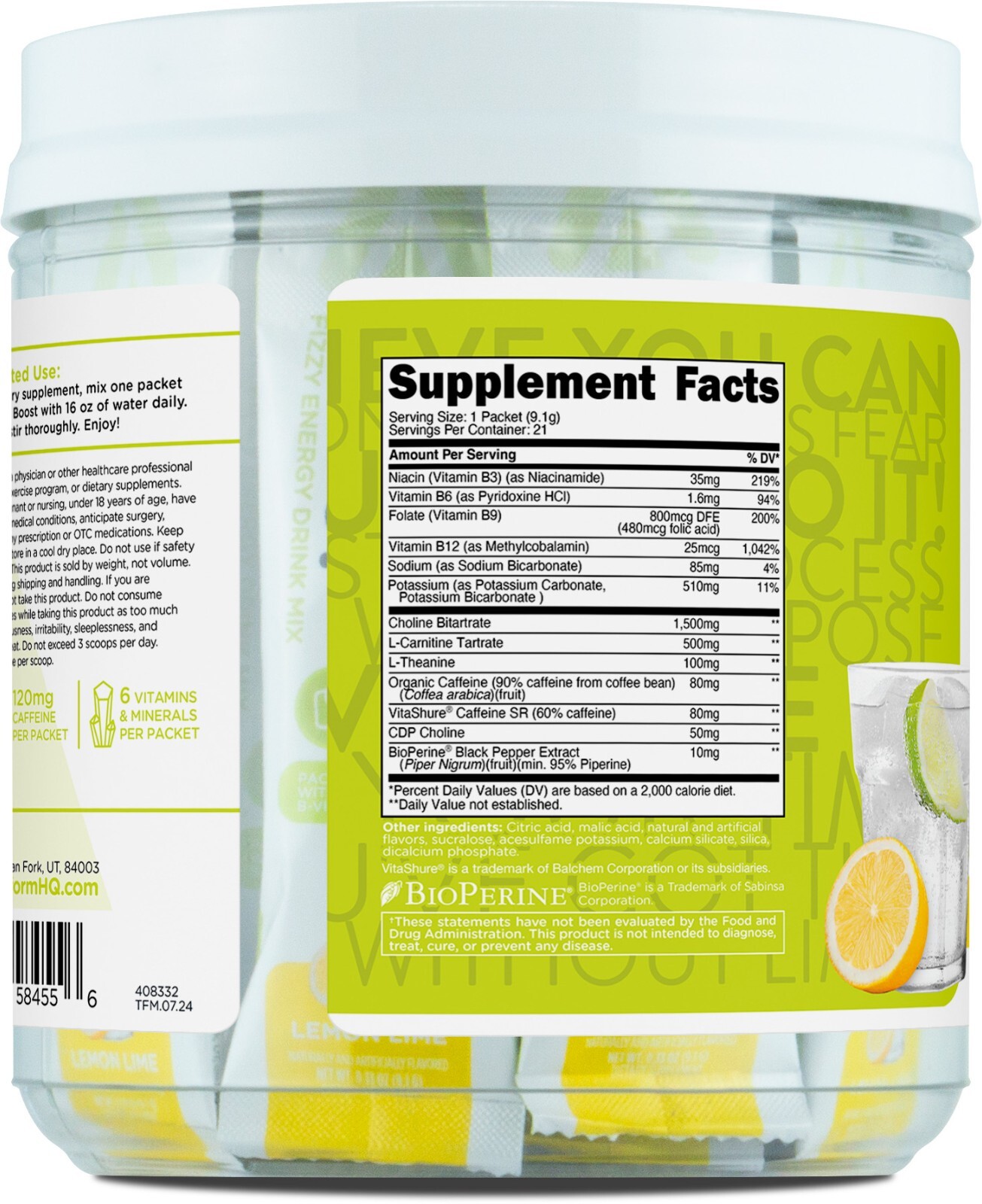 TransformHQ Bubble Boost Fizzy Energy Drink Mix (Lemon Lime Flavored) 21 Packets
